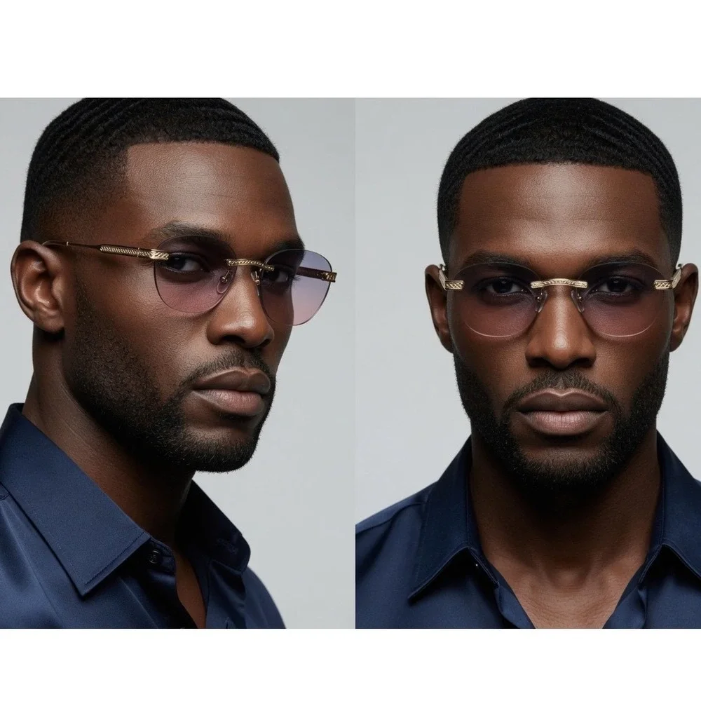 Mens Frameless Round Sunglasses Gold Metal Purple Pink Lens Retro Festival Music